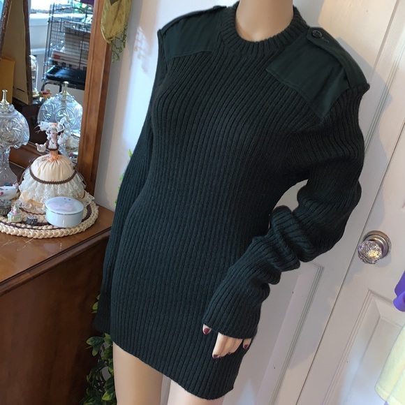 Vintage 80s 100% virgin wool green Combat crew neck sweater pullover unisex M - Picture 3 of 13